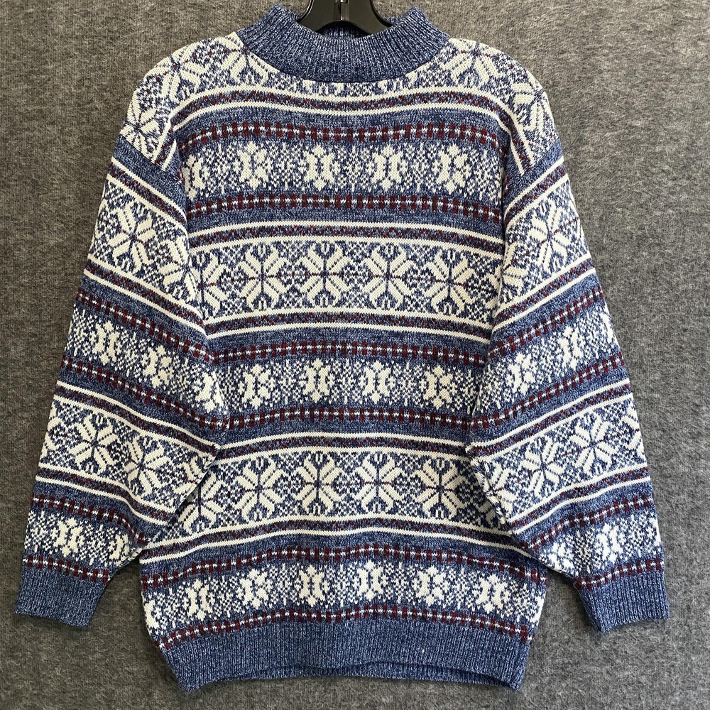 American Pride Sweater Men M Blue Fair Isle Nordic Snowflake Grandpa Made in USA